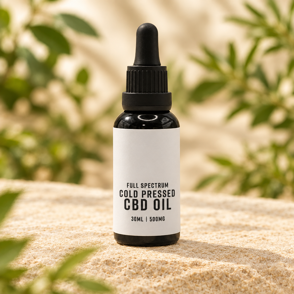 CBD oil bottle in the requested natural product-photo style